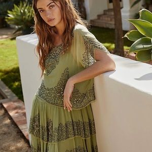 Free People beaded green mini dress with shirt cover up XS